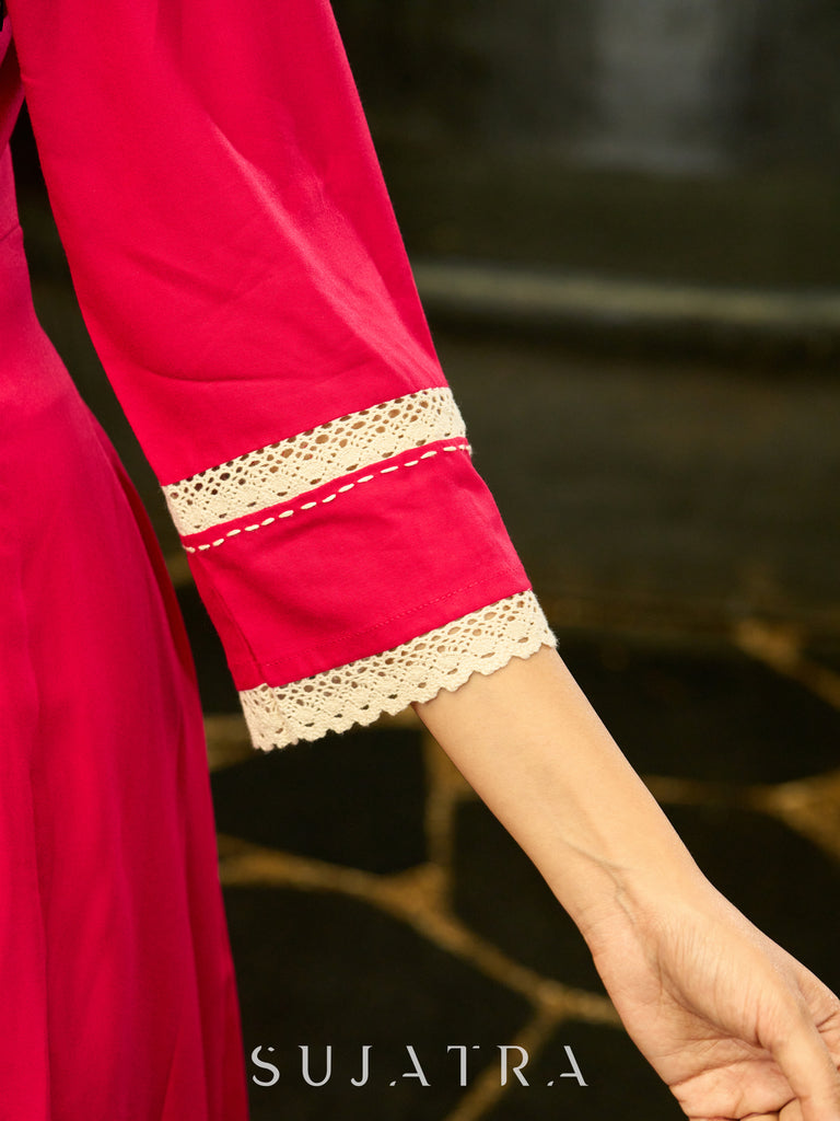 Fuchsia Flair Pleated Dress with Delicate Crochet Lace