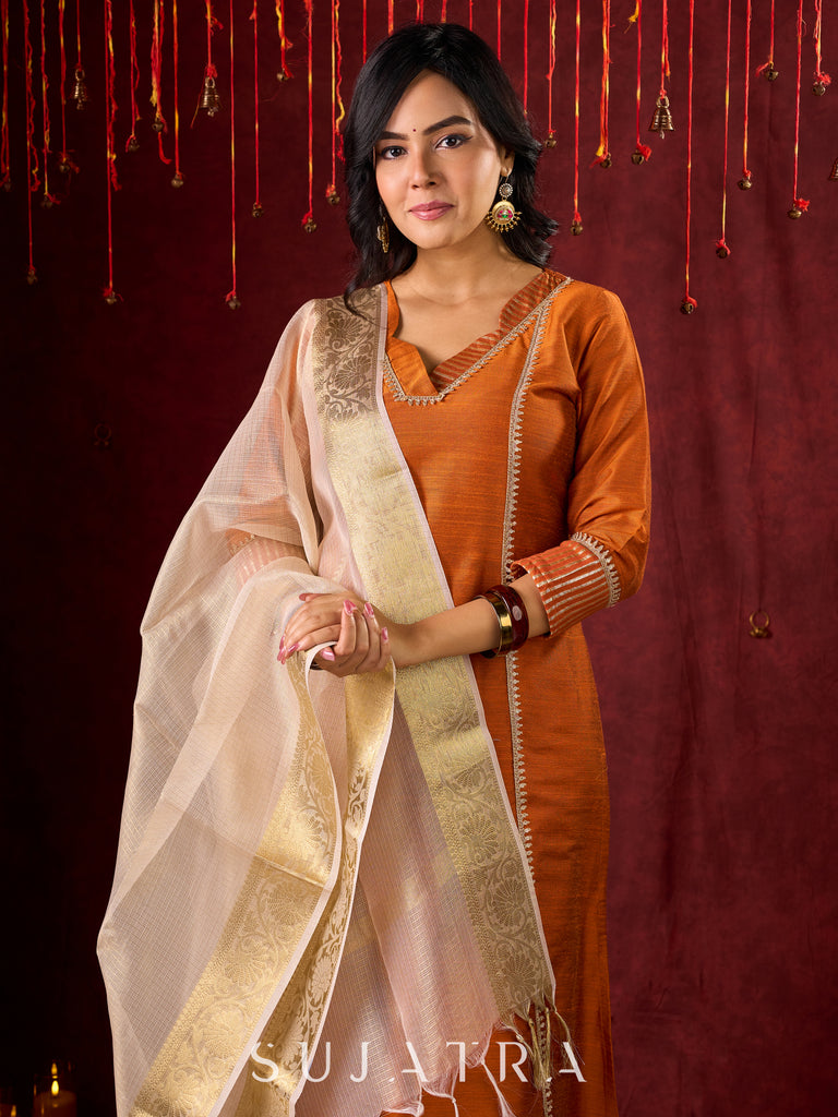 Deep Rust Cotton-Silk Panel Kurta with Subtle Brocade Accents