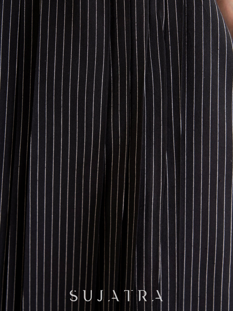 Sophisticated Black Striped Ikat Kurta with Graceful Pleat Detailing