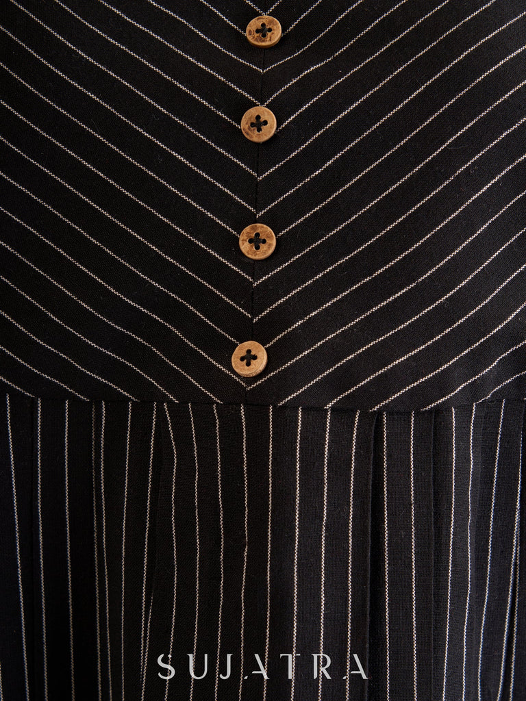 Sophisticated Black Striped Ikat Kurta with Graceful Pleat Detailing