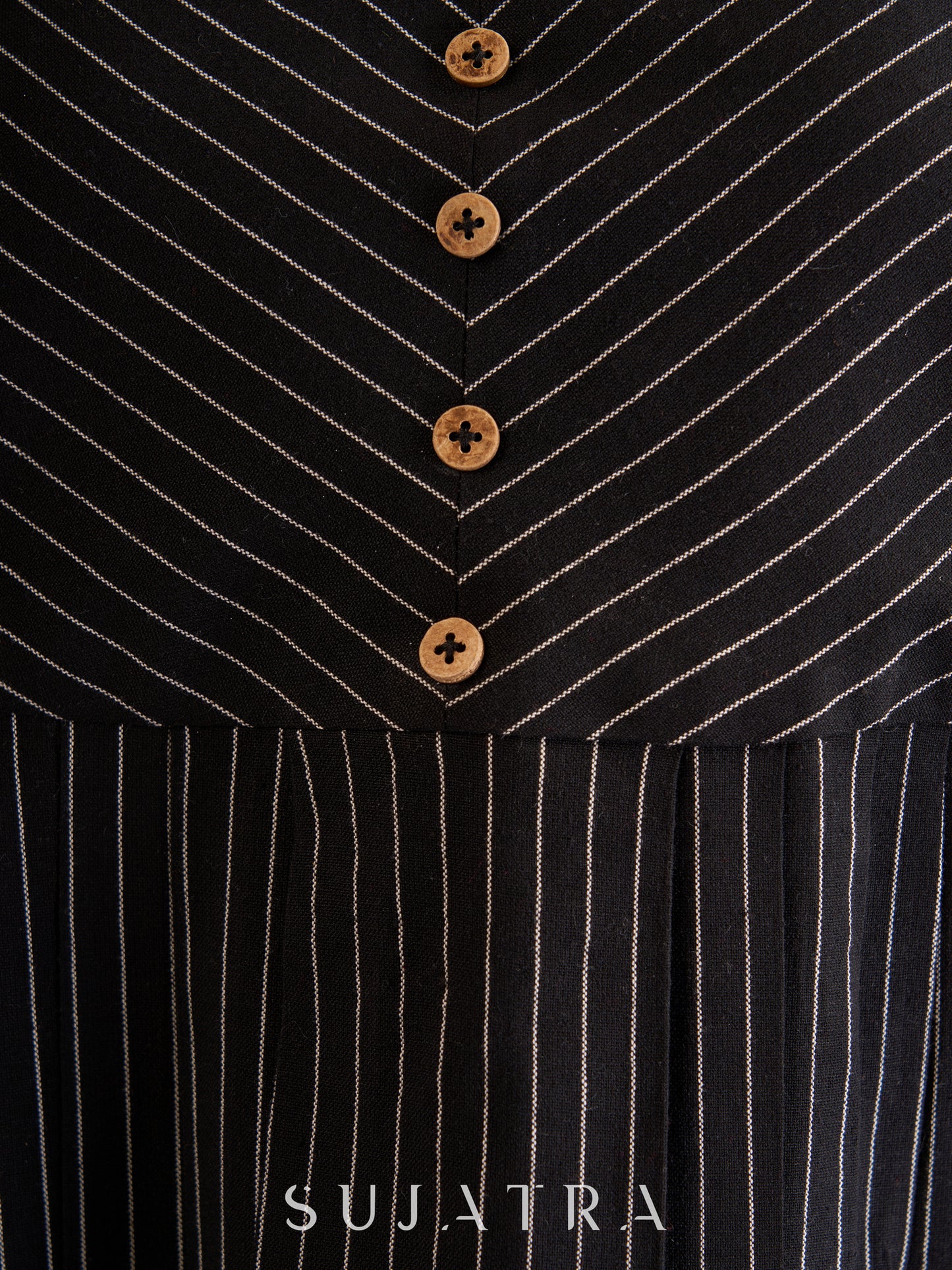 Sophisticated Black Striped Ikat Kurta with Graceful Pleat Detailing