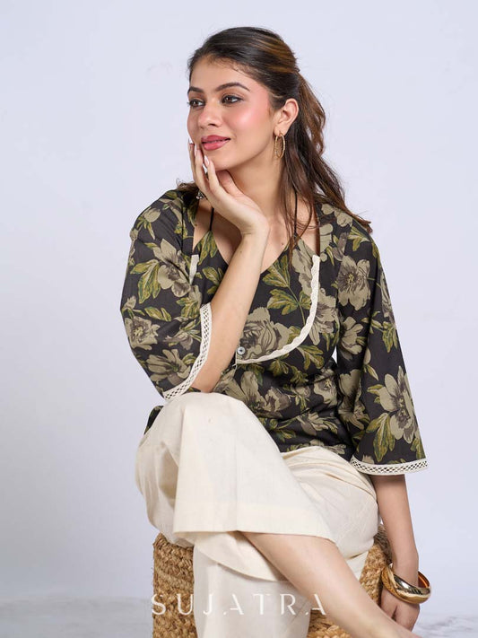 Chic Black Floral Print Cotton Bell Sleeve Top with Tie-Up Neckline & Crochet Lace Trim