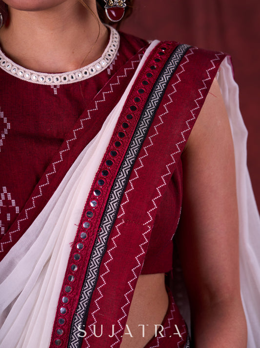 Maroon Luxe Jamdani Cotton Blouse with Halter Neck, Sleeveless Style & Mirror Lace Accents