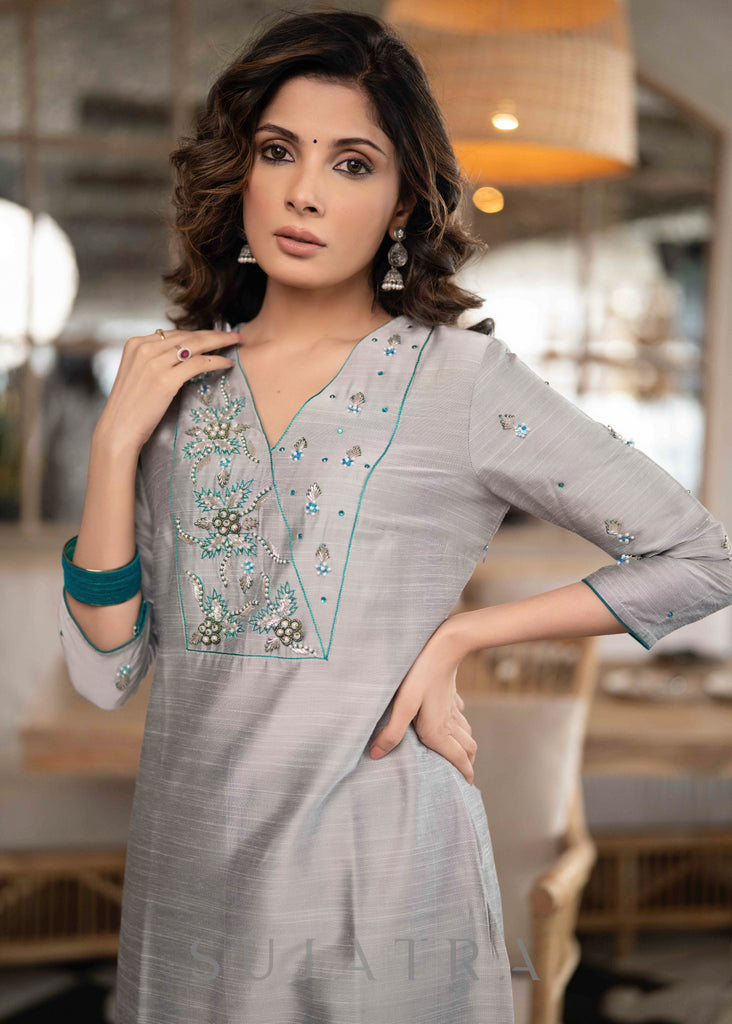 Elegant Grey Cotton Silk Pant & Kurta With Turquoise Embroidery On Yoke & Sleeves - Dupatta Optional
