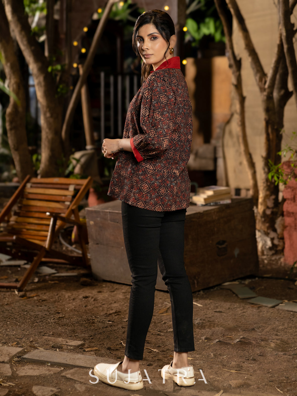 Chic Ajrakh Black Shirt Highlighted with a Rich Maroon Collar