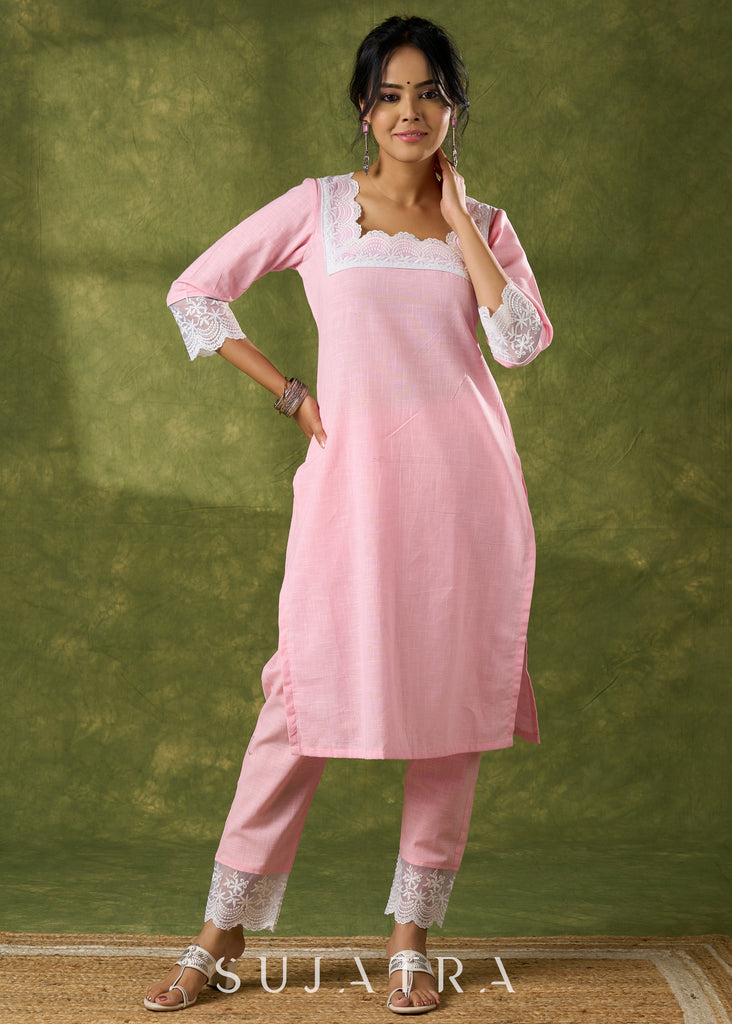 Subtle Baby Pink Cotton Kurta Embellished With Laces - Pant Optional