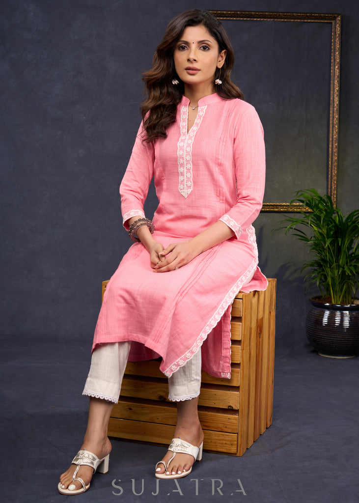 Beautiful-Blush-Pink-Straight-Cut-Kurta-Highlighted-With-Beautiful-Floral-Lace--Pant-Optional