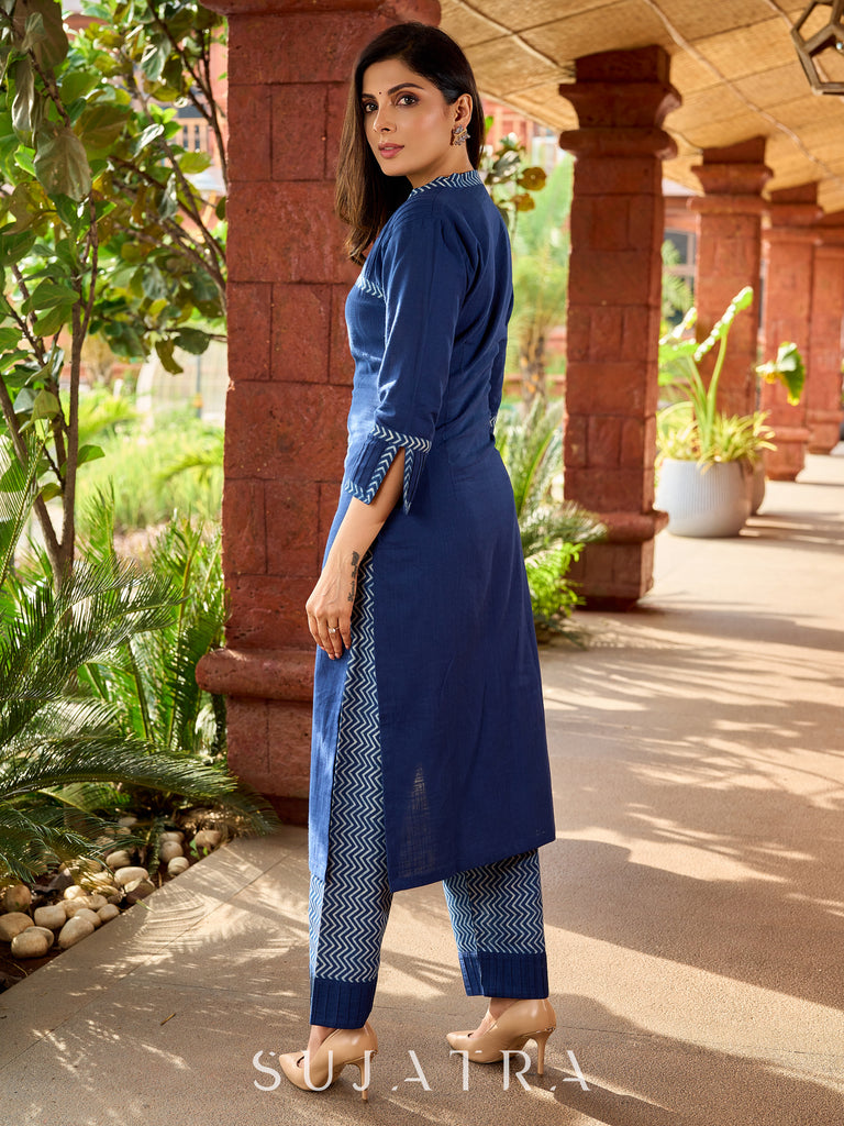 Elegant Navy blue cotton kurta with front pintuck detailing - indigo pant optional.