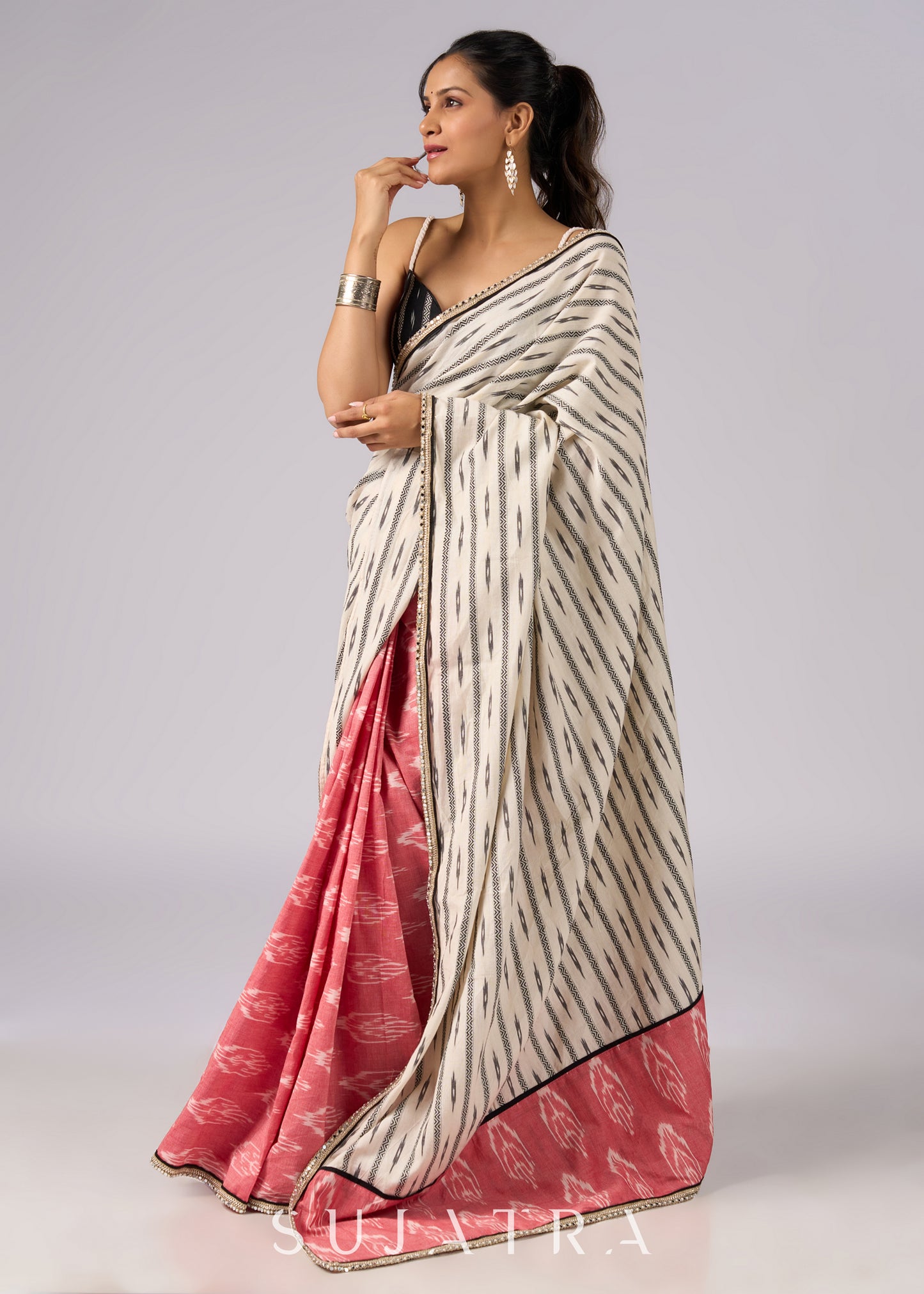 Classy white & pink Ikat combination cotton saree with zari highlights