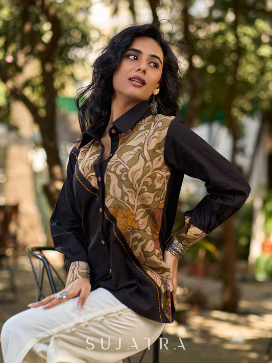 Charcoal Black Cotton Shirt with Asymmetrical Kalamkari Floral Panel