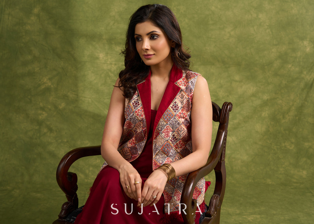 Elegant Fusion Of Ivory & Maroon , Self Embroidered Sleeveless Jacket With Silk Collar Dress Optional