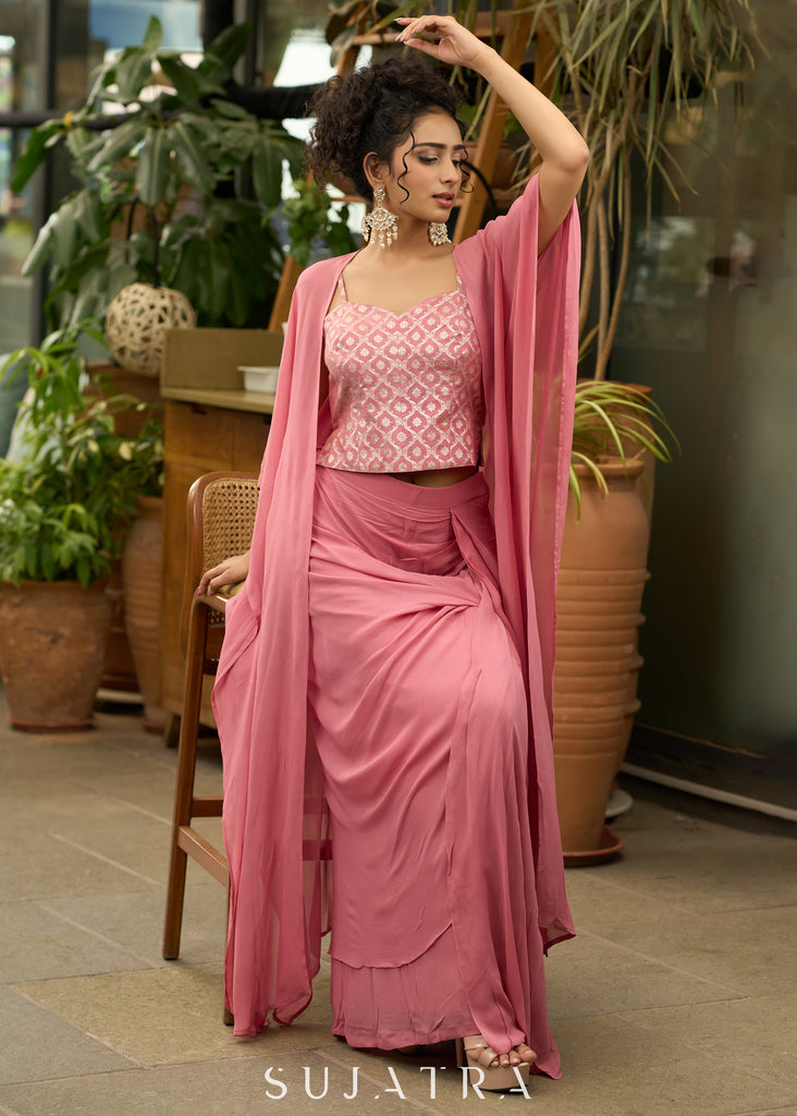 Exclusive Foxy pink draped skirt with banarasi top & Shrug