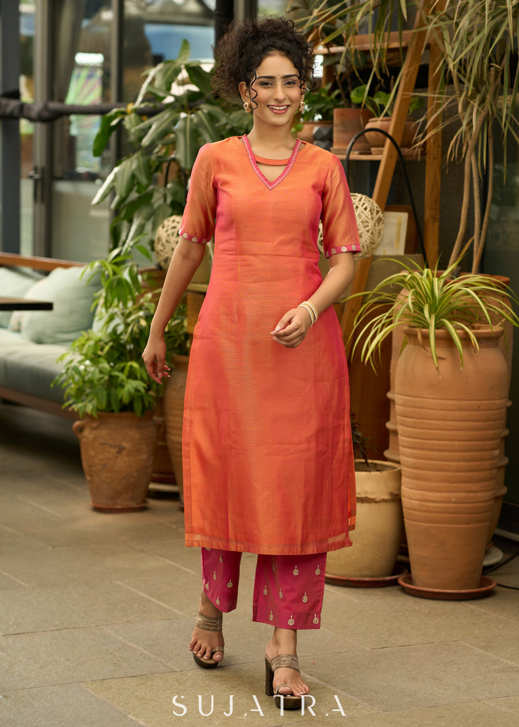 Graceful orange chanderi kurta set with gold embroidery - Dupatta Optional