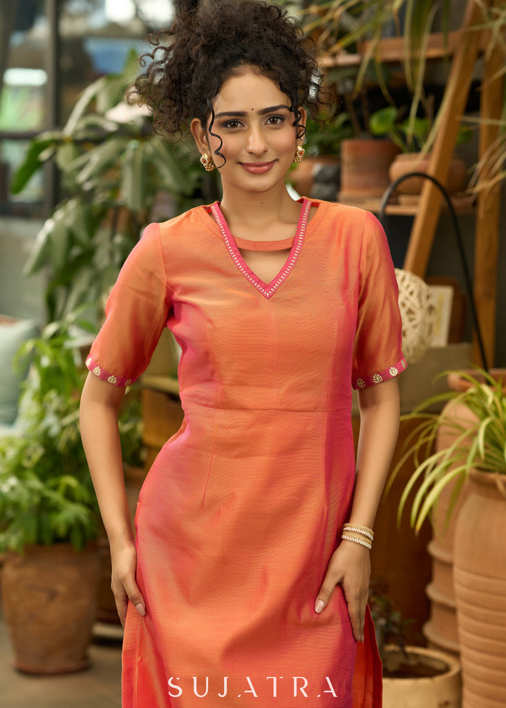 Graceful orange chanderi kurta set with gold embroidery - Dupatta Optional