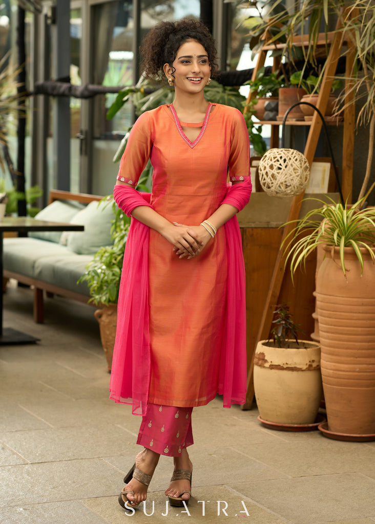 Graceful orange chanderi kurta set with gold embroidery - Dupatta Optional