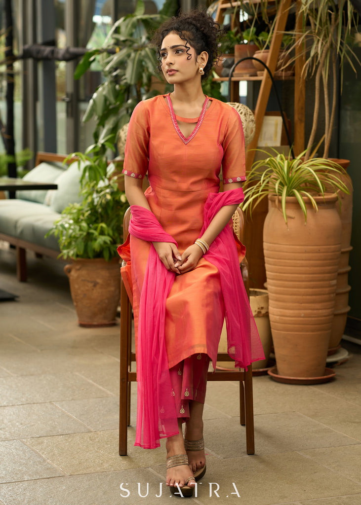 Graceful orange chanderi kurta set with gold embroidery - Dupatta Optional