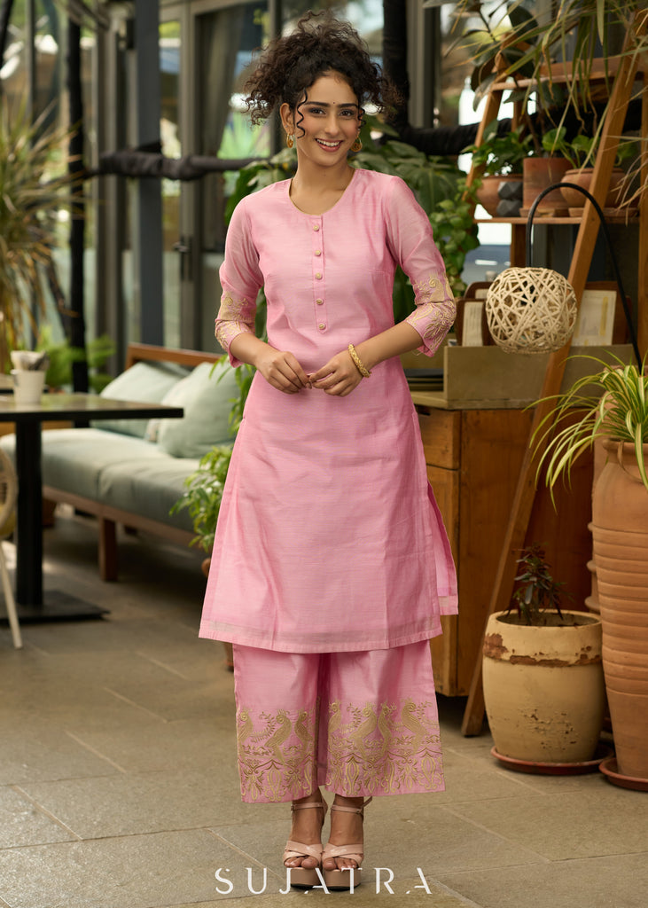 Baby pink chanderi gold embroidered Co-ord set