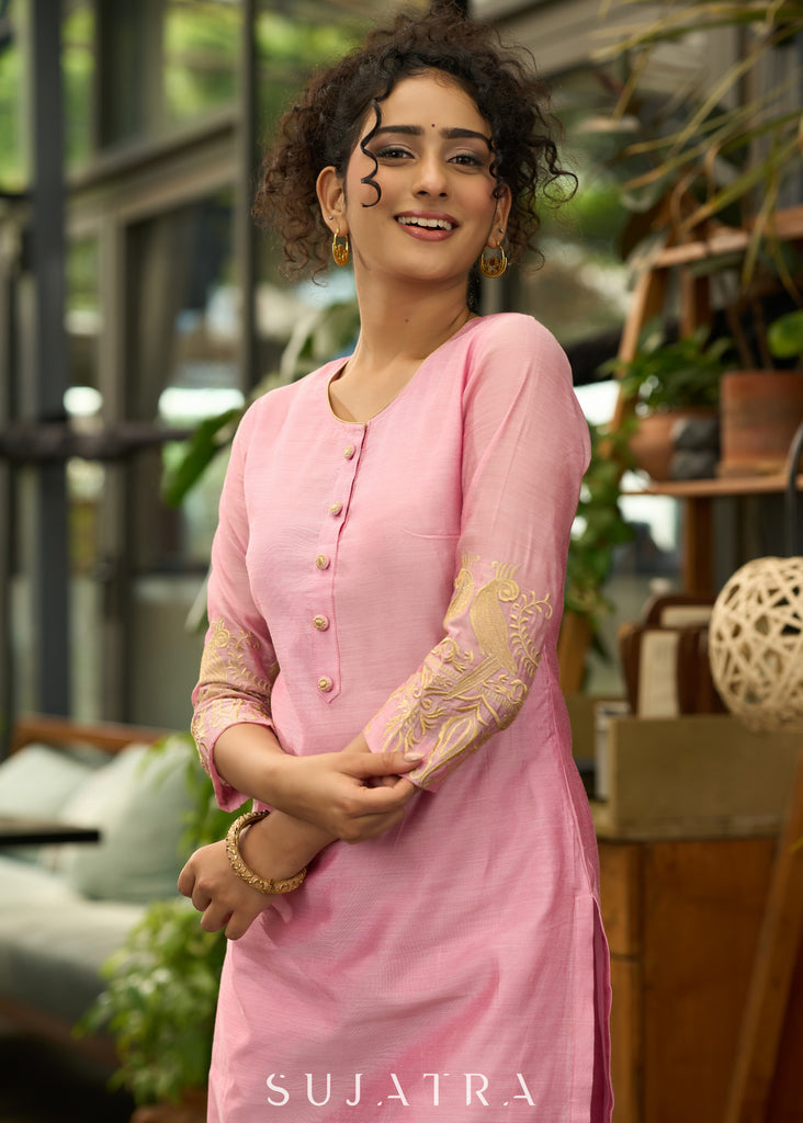 Baby pink chanderi gold embroidered Co-ord set