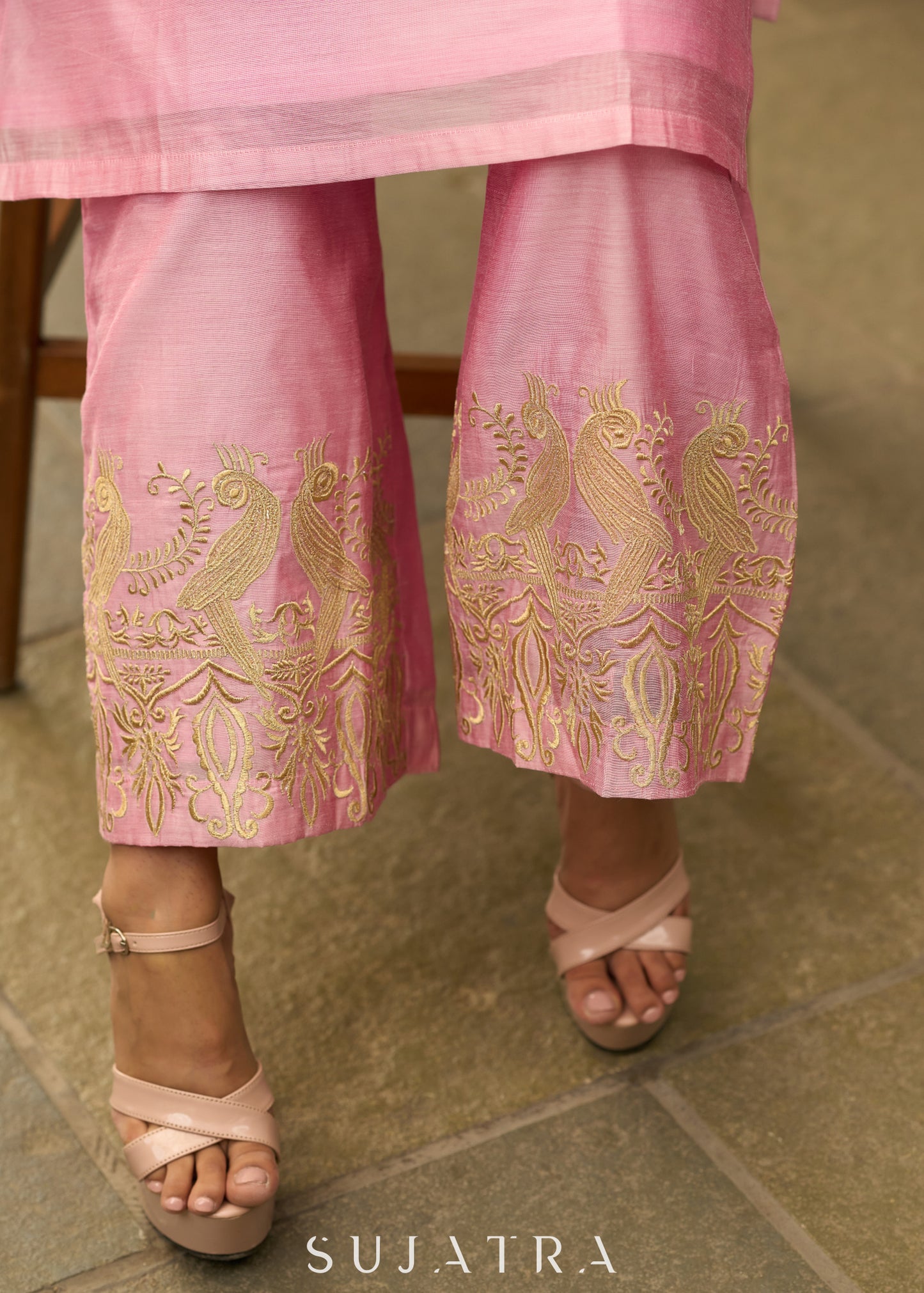 Baby pink chanderi gold embroidered Kurta