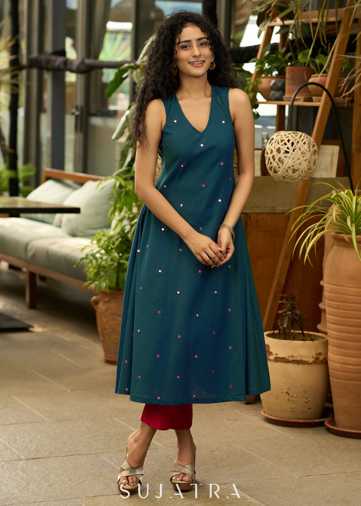 Peacock blue cotton silk kurta with all over mirror work