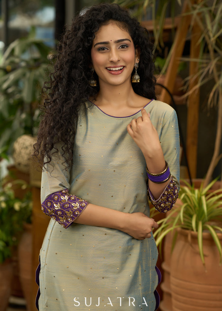 Exclusive dull green & purple Cotton silk Co ord set with embroidery