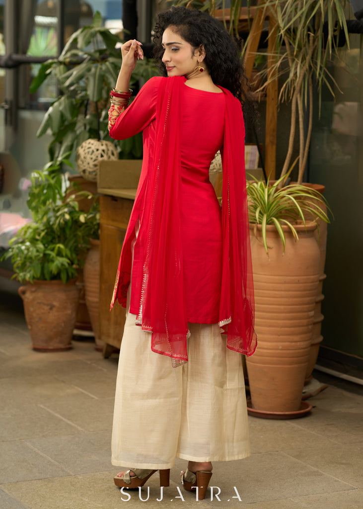 Red cotton silk Sharara set with cutwork embroidery on hem - Dupatta Optional