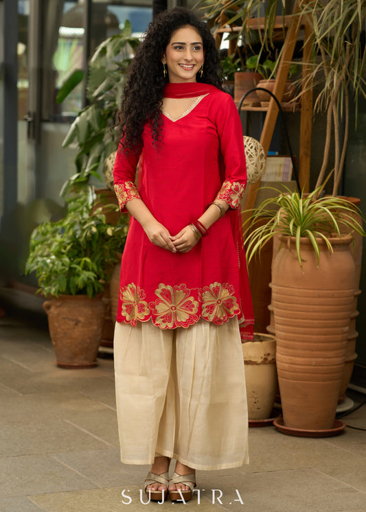 Red cotton silk cutwork Kurta with embroidery on hem