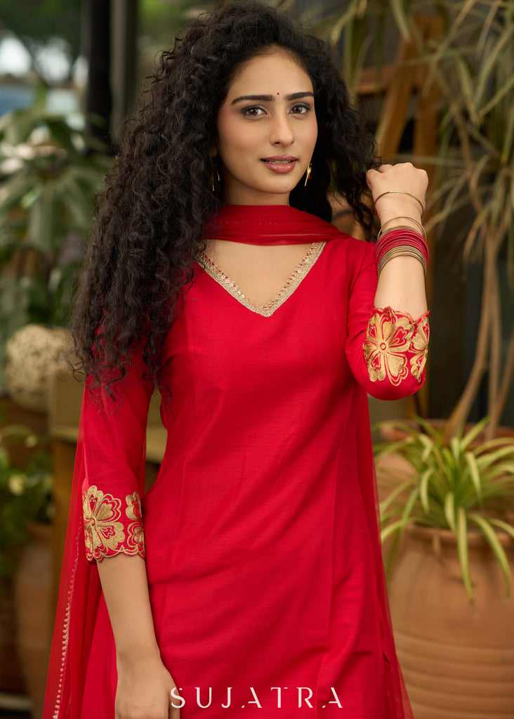 Red cotton silk Sharara set with cutwork embroidery on hem - Dupatta Optional