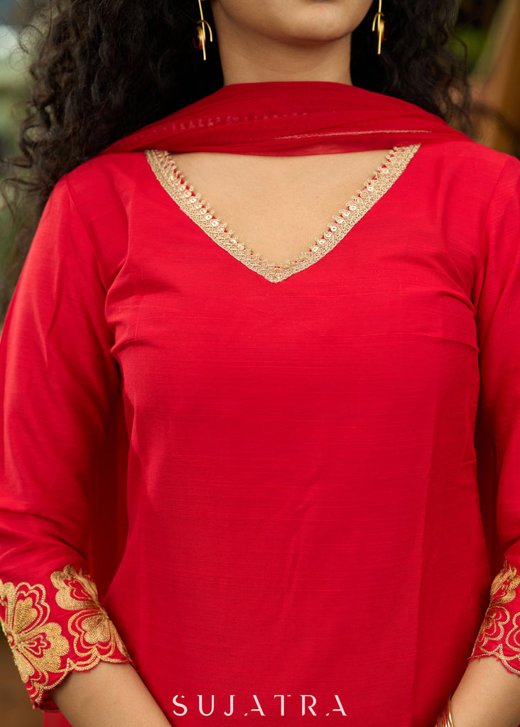 Red cotton silk Sharara set with cutwork embroidery on hem - Dupatta Optional