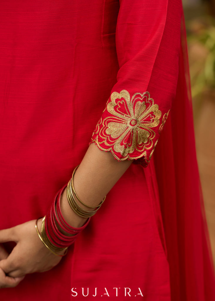 Red cotton silk Sharara set with cutwork embroidery on hem - Dupatta Optional