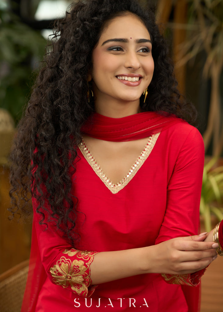 Red cotton silk Sharara set with cutwork embroidery on hem - Dupatta Optional