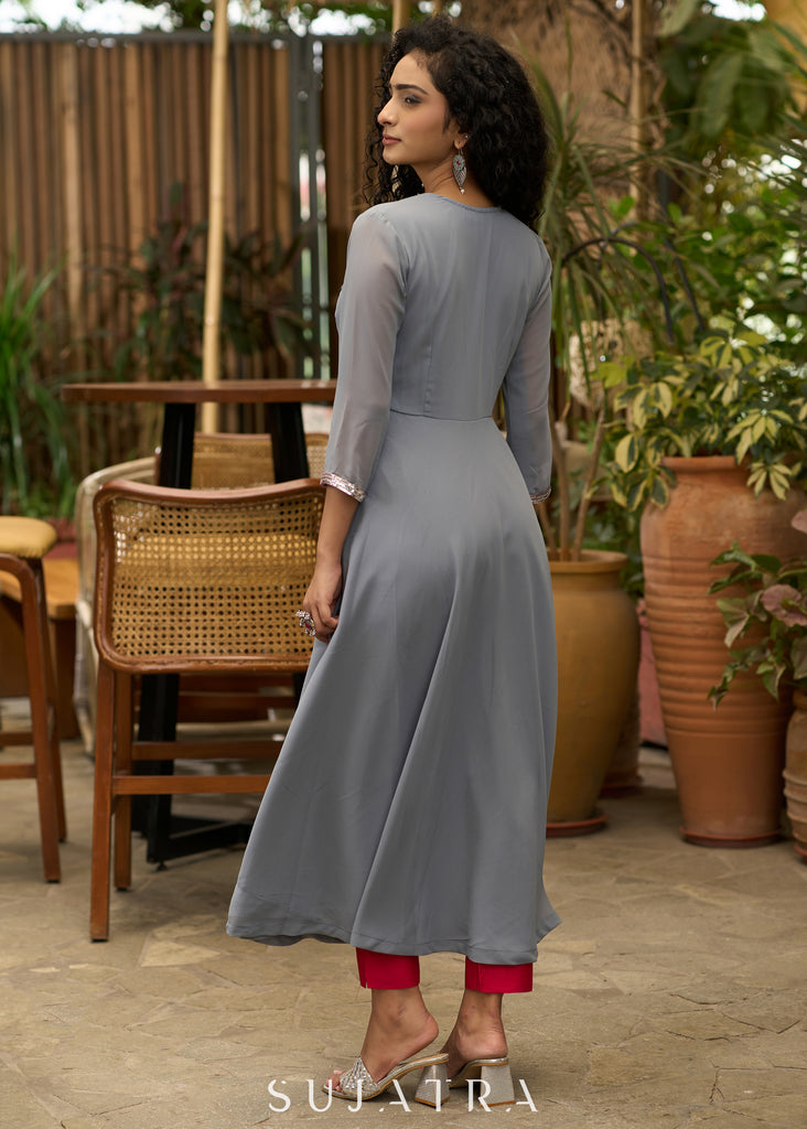 Beautiful grey georgette anarkali kurta embellished with silver sequence & matching pants - Dupatta Optional