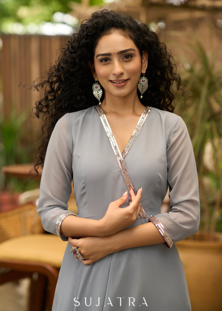 Beautiful grey georgette anarkali kurta embellished with silver sequence & matching pants - Dupatta Optional