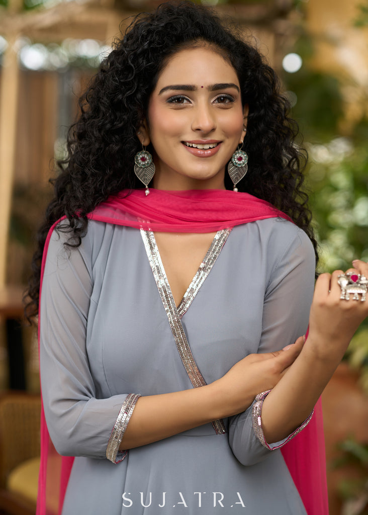 Beautiful grey georgette anarkali kurta embellished with silver sequence & matching pants - Dupatta Optional