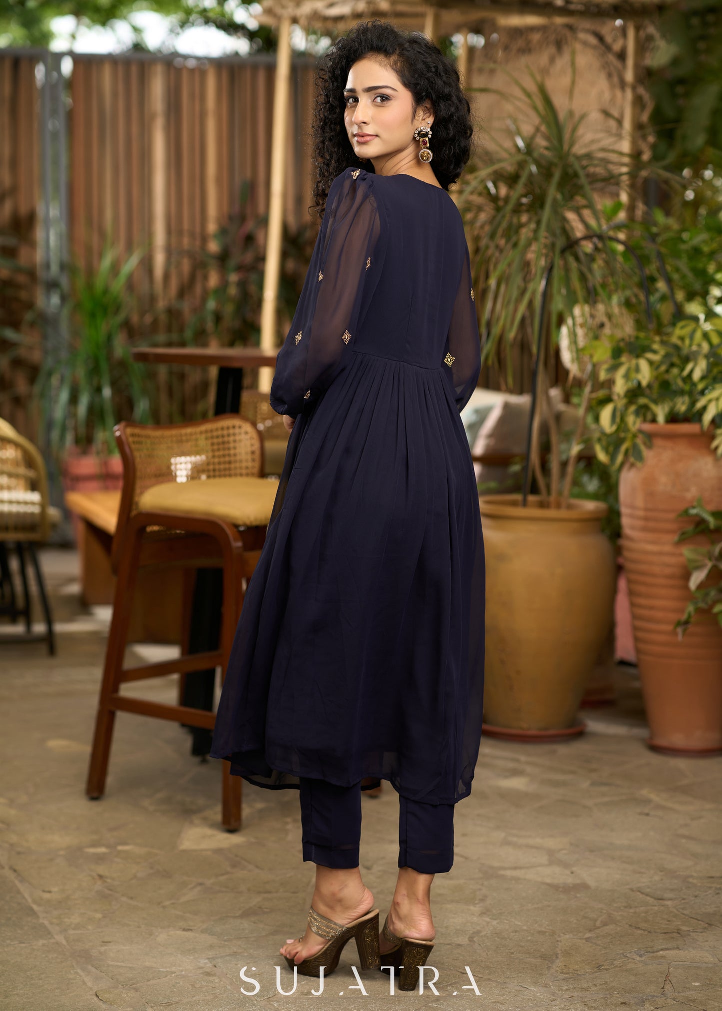 Elegant navy blue georgette Kurta with gold embroidery