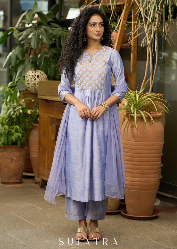 Light blue cotton silk Co ord set with stylish criss cross yoke - Dupatta Optional
