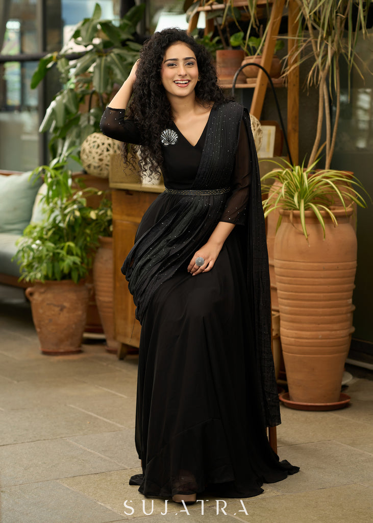Trendy black georgette saree gown with self embroidered pallu - Brooch optional