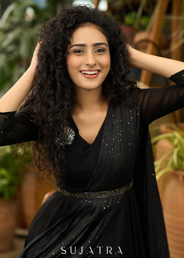 Trendy black georgette saree gown with self embroidered pallu - Brooch optional