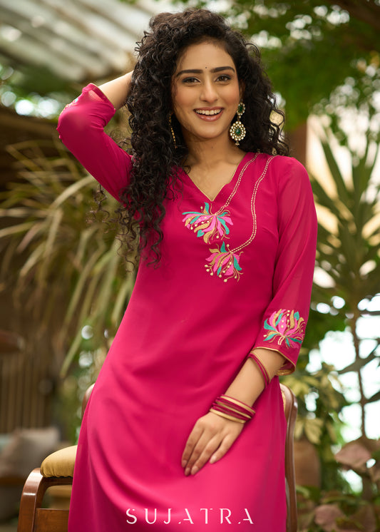 Glamorous magenta georgette kurta with one side floral embroidery