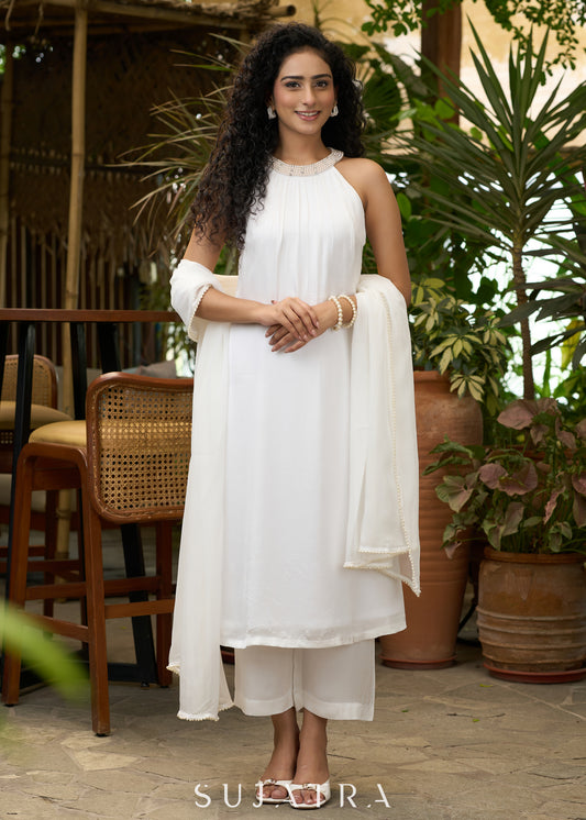Stylish White halter neck georgette kurta with pearl embroidery