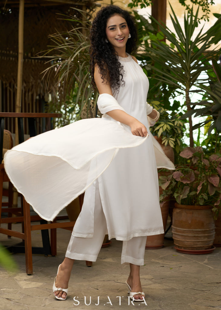 Stylish White halter Co ord set with pearl embroidery - Dupatta Optional