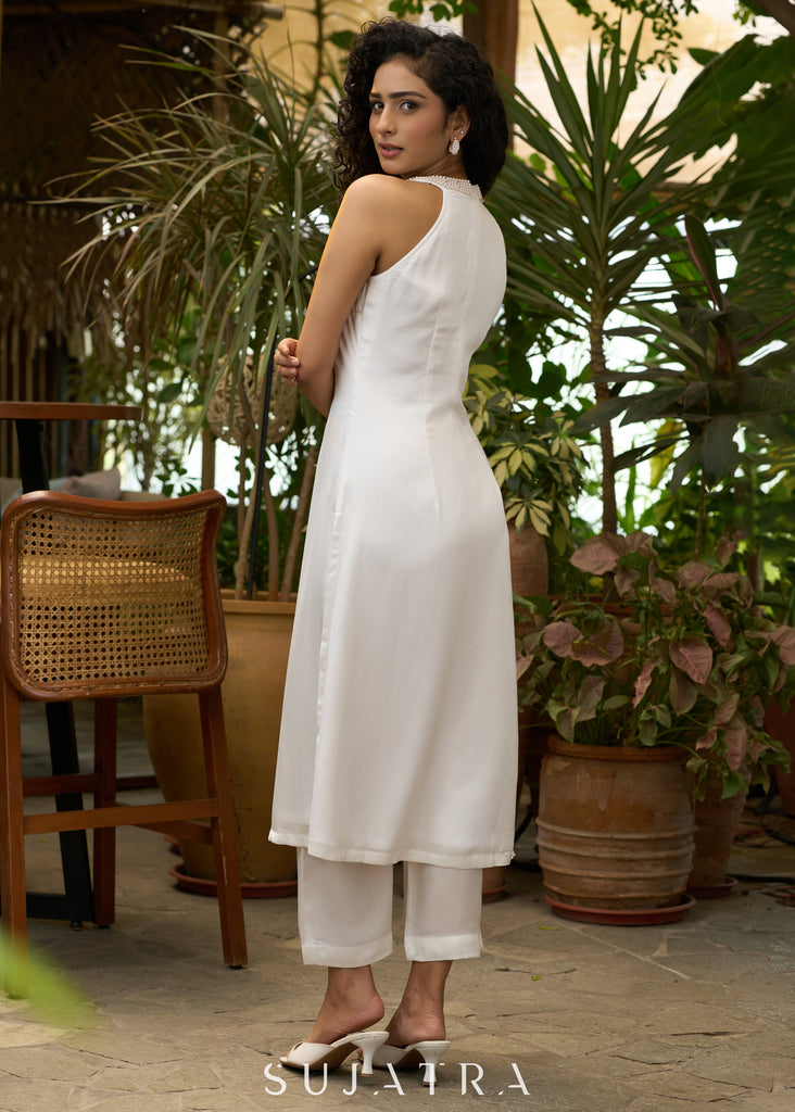 Stylish White halter Co ord set with pearl embroidery - Dupatta Optional