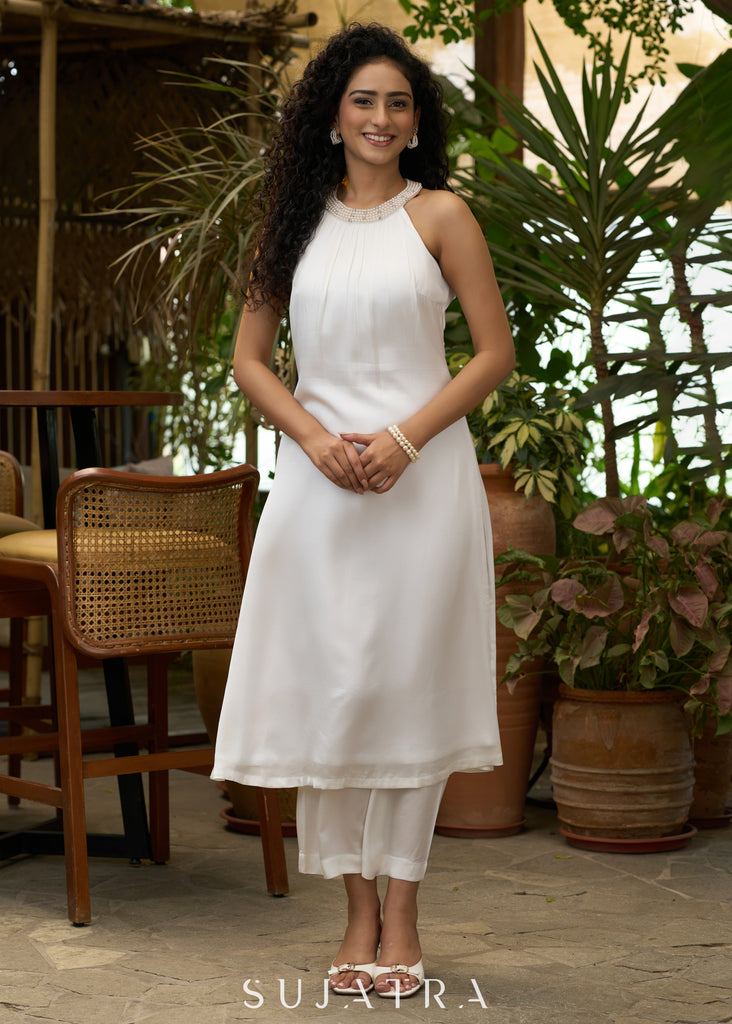 Stylish White halter Co ord set with pearl embroidery - Dupatta Optional