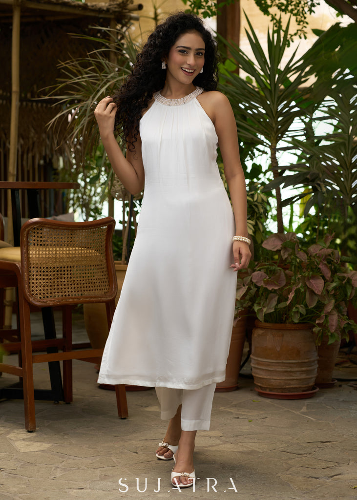 Stylish White halter Co ord set with pearl embroidery - Dupatta Optional