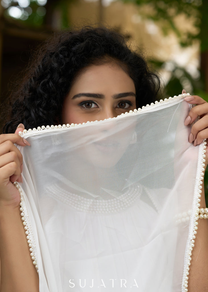 Stylish White halter Co ord set with pearl embroidery - Dupatta Optional