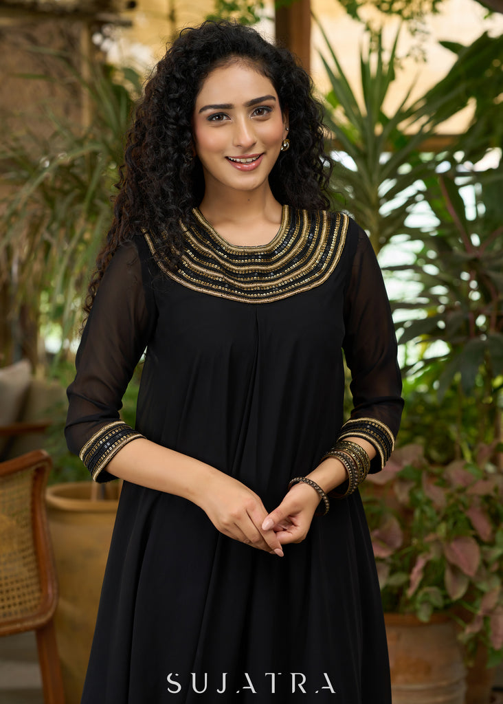 Elegant black georgette Co ord set with gold sequence yoke