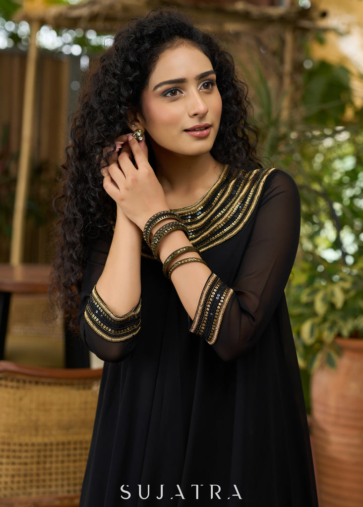 Elegant black georgette Co ord set with gold sequence yoke