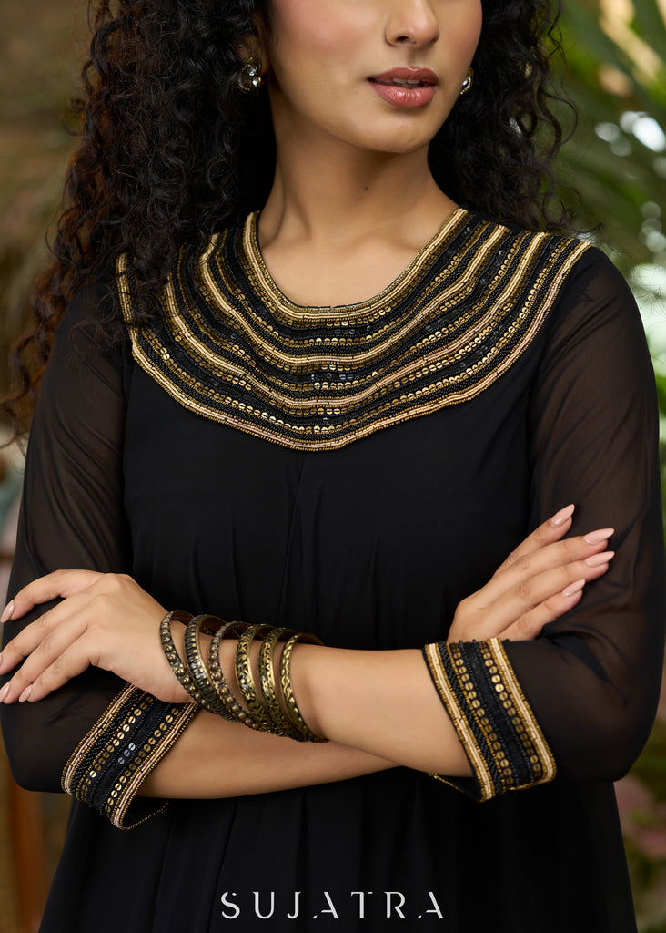 Elegant black georgette Co ord set with gold sequence yoke