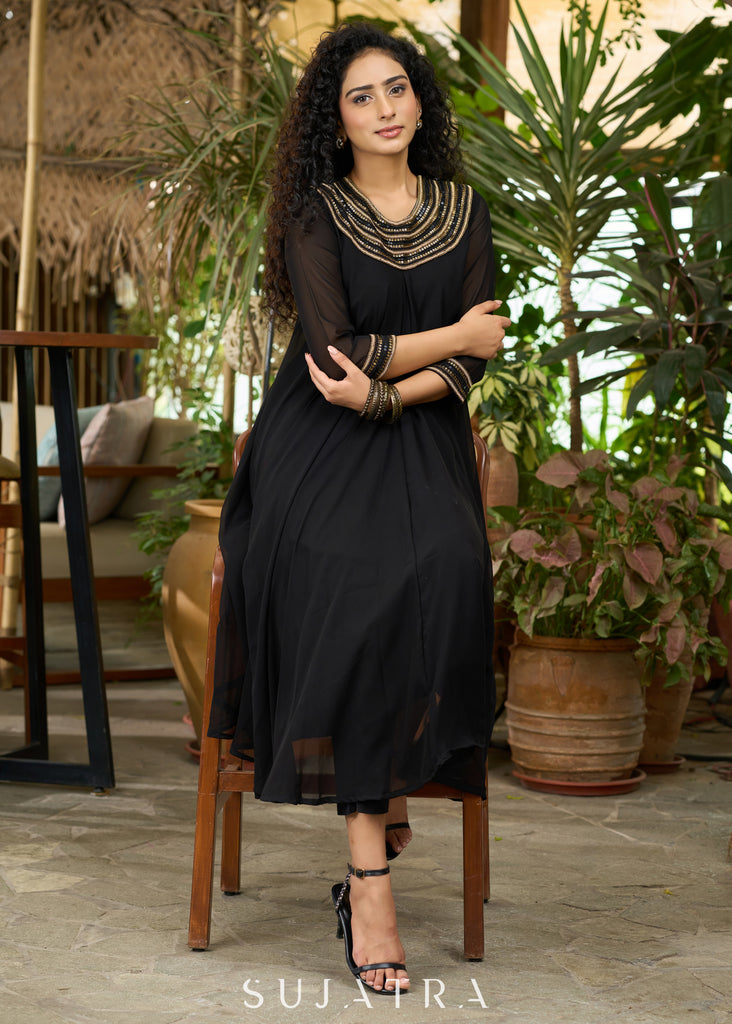 Elegant black georgette Co ord set with gold sequence yoke