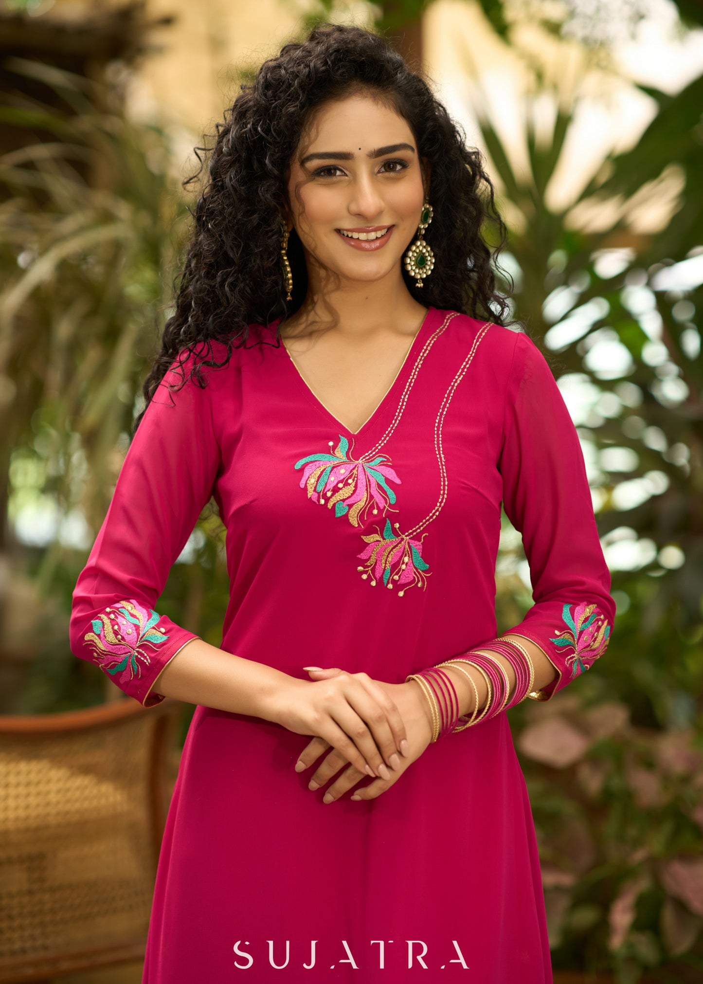 Glamorous magenta georgette kurta with one side floral embroidery